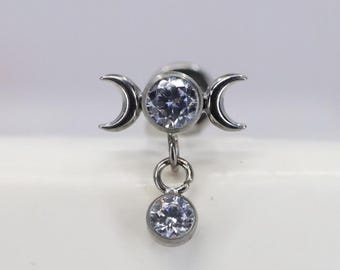 Titanium ASTM F136 (in139) Zirconia Moon, Triple Moon, Moon Goddess Internally Threaded 1mm-1.6mm (18ga-14ga) Conch, Helix, Cartilage, Lobe