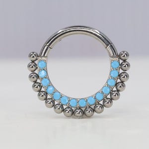 Titanium ASTM F136 (cl86) Turquoise Beaded Clicker hinged hoop 1.2mm (16ga) Daith, Helix, Cartilage, Septum, Rook, Lobe