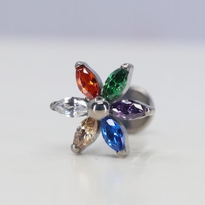 Titanium ASTM F136 (in329) Rainbow zirconia flower Internally Threaded Attachment 1mm-1.6mm (18ga-14ga)  Conch, Helix, Cartilage, Tragus