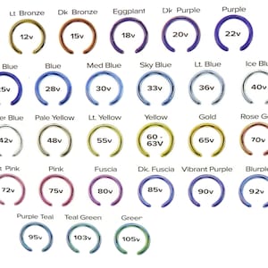 May include: A chart of different colored and sized septum rings with corresponding voltage measurements. The colors include eggplant, purple, dark purple, light bronze, dark bronze, dark blue, blue, medium blue, sky blue, light blue, ice blue, silver blue, pale yellow, light yellow, yellow, gold, rose gold, light pink, pink, fuscia, dark fuscia, vibrant purple, blurple, purple teal, teal green, and green.