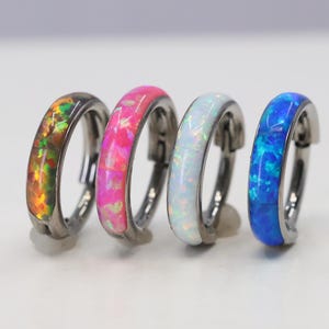 Titanium ASTM F136 (cl41) Fire Opal Clicker hinged hoop 1.2mm (16ga) Daith, Helix, Cartilage, Septum, Rook, Lobe