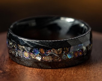 Damascus Steel Wedding Band: Crushed Opal, Moonstone, Hammered Cosmos Ring