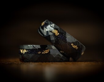 Damascus Steel Ring: Nebula Gold Flakes & Blue Sandstone, Hammered Wedding Band