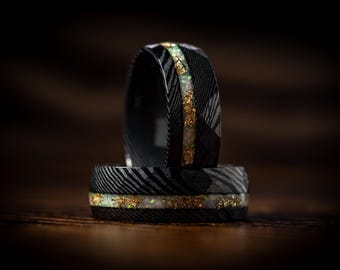 Damascus Steel Wedding Band: Hammered Gold Flakes & White Opal Ring