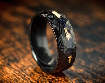 Damascus Steel Ring: Nebula Gold Flakes & Blue Sandstone Wedding Band