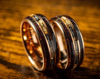 Dark Red Opal with Crushed Meteorite Rose Gold Man Wedding Band | Best Unique Cosmos Promise Engagement Anniversary Ring For Him