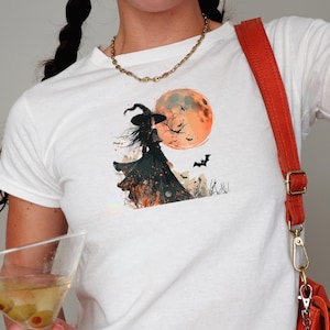 Single Witch Baby Tee,Y2K Baby Tee, Women&#39;s 90s Graphic Baby Tee,Halloween Y2k Baby Tee,Spooky Season Tee,Witchy Vibes Shirt,Spooky Baby Tee