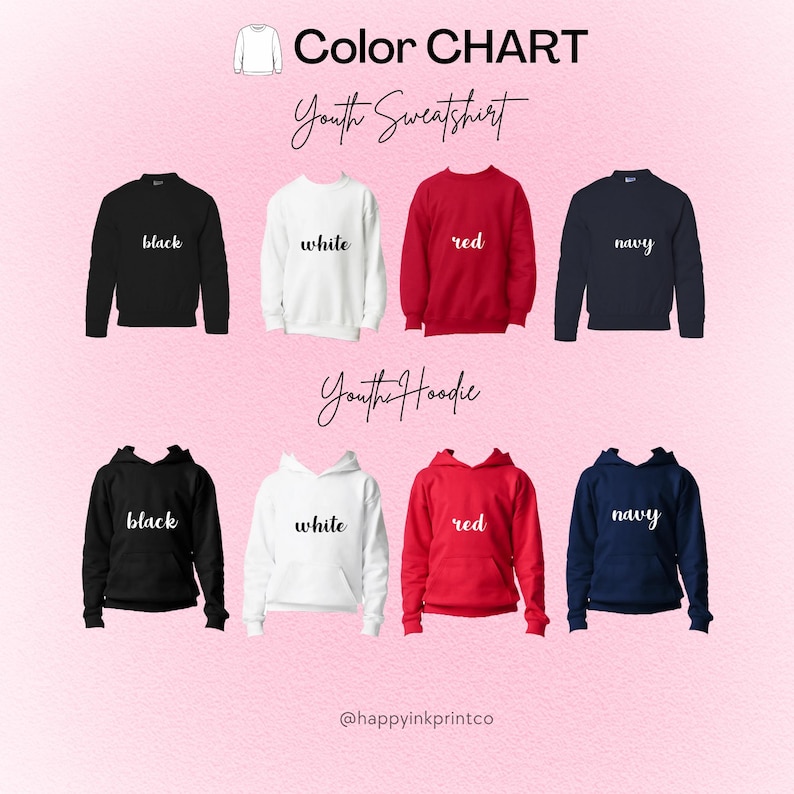 May include: Color chart showcasing youth sweatshirts and hoodies in black, white, red, and navy. The image displays both crewneck sweatshirts and hooded sweatshirts, each labeled with its respective color.