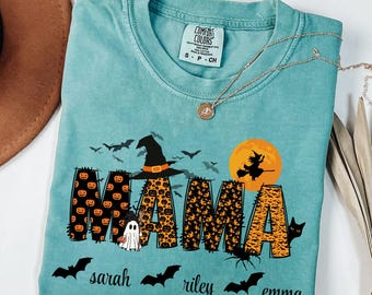 Comfort Colors® Personalized Halloween Mama Shirt, Spooky Mama Shirt, Gift for Mom,Custom Mama Shirt, Halloween Shirt, Custom Mama Kids Name