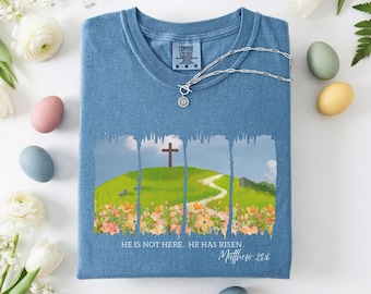 He Is Not Here-shirt, Comfort Colors® He Has Risen-shirt, paasshirt, christelijk shirt, Jezus Pasen-shirt, Jezus Christus Pasen, Faith-shirt