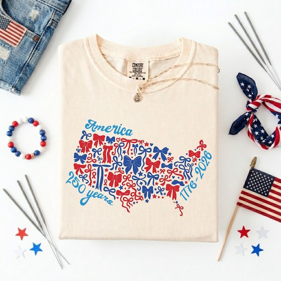 Coquette Bow 250 Years USA Shirt, Comfort Colors® 250th Anniversary Gift, 1776-2026 Celebrate Tee, USA Independence Day Shirt