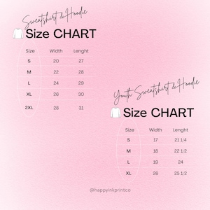 May include: A pink background features two size charts for sweatshirts and hoodies. The first chart lists sizes S to 2XL with width and length measurements in inches. The second chart is for youth sizes S to XL, also with measurements in inches. The text "Sweatshirt & Hoodie" and "Youth Sweatshirt & Hoodie" are at the top.