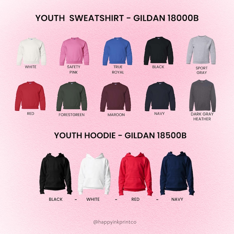 Puede incluir: Imagen de productos que muestra una variedad de sudaderas y sudaderas con capucha juveniles en varios colores. Las sudaderas, etiquetadas como "Gildan 18000B", est&aacute;n disponibles en blanco, rosa, azul, negro, gris, rojo, verde, granate, azul marino y gris oscuro. Las sudaderas con capucha, "Gildan 18500B", son en negro, blanco, rojo y azul marino.