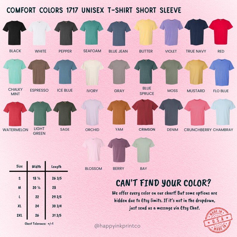 May include: A Comfort Colors 1717 unisex short sleeve t-shirt color chart displaying thirty-one distinct fabric shades including black, white, pepper, seafoam, blue jean, butter, violet, navy, red, mint, espresso, ice blue, ivory, gray, spruce, moss, mustard, and blue.