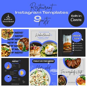 Jasne szablony Instagram dla restauracji – Canva Social Media Kit – kolorowe edytowalne posty dla menu, ofert specjalnych i promocji