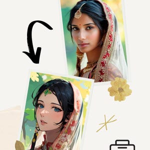 Peut inclure: Une illustration numérique d'une femme aux longs cheveux noirs portant un foulard à motifs floraux rose et blanc. La femme a les yeux bleus et un léger fard rose sur les joues. L'arrière-plan est une image floue d'un jardin.