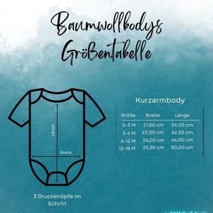 May include: Size chart for short-sleeved baby bodysuits made of cotton. The chart shows the size in months, width in centimeters, and length in centimeters.