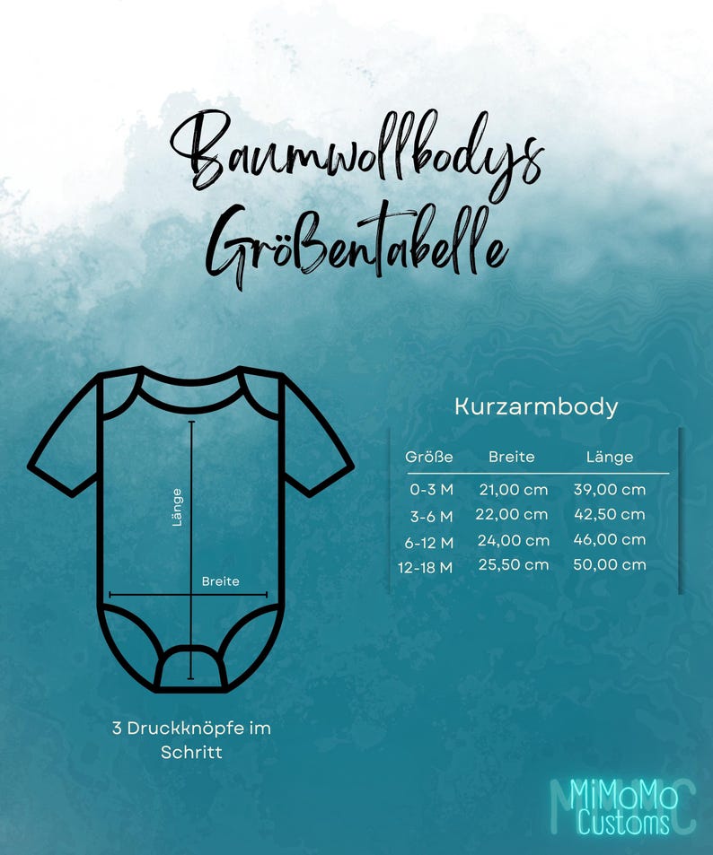 May include: Size chart for short-sleeved baby bodysuits made of cotton. The chart shows the size in months, width in centimeters, and length in centimeters.