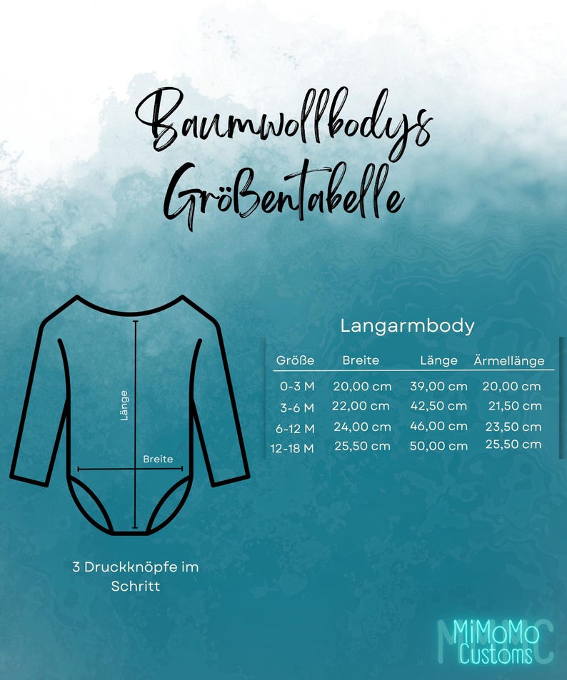May include: Size chart for long-sleeved baby bodysuits made of cotton. The chart shows measurements in centimeters for width, length, and sleeve length for sizes 0-3 months, 3-6 months, 6-12 months, and 12-18 months.