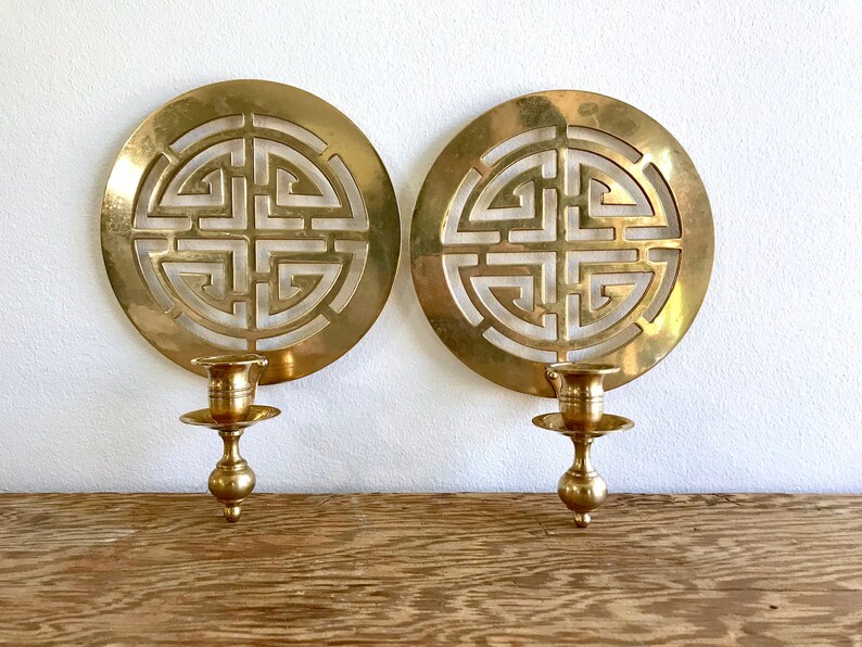 Pair Solid Brass Candle Sconce Ornate Round Gold Metal