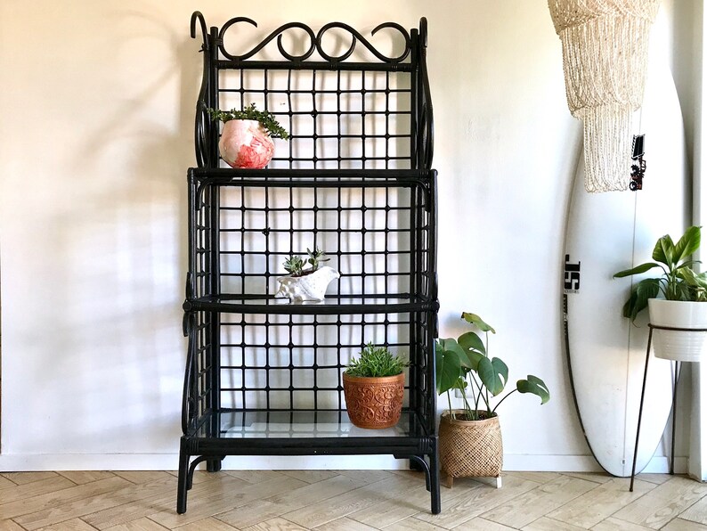 Bamboo Shelving Unit Black Glass Standing Shelf Image 0