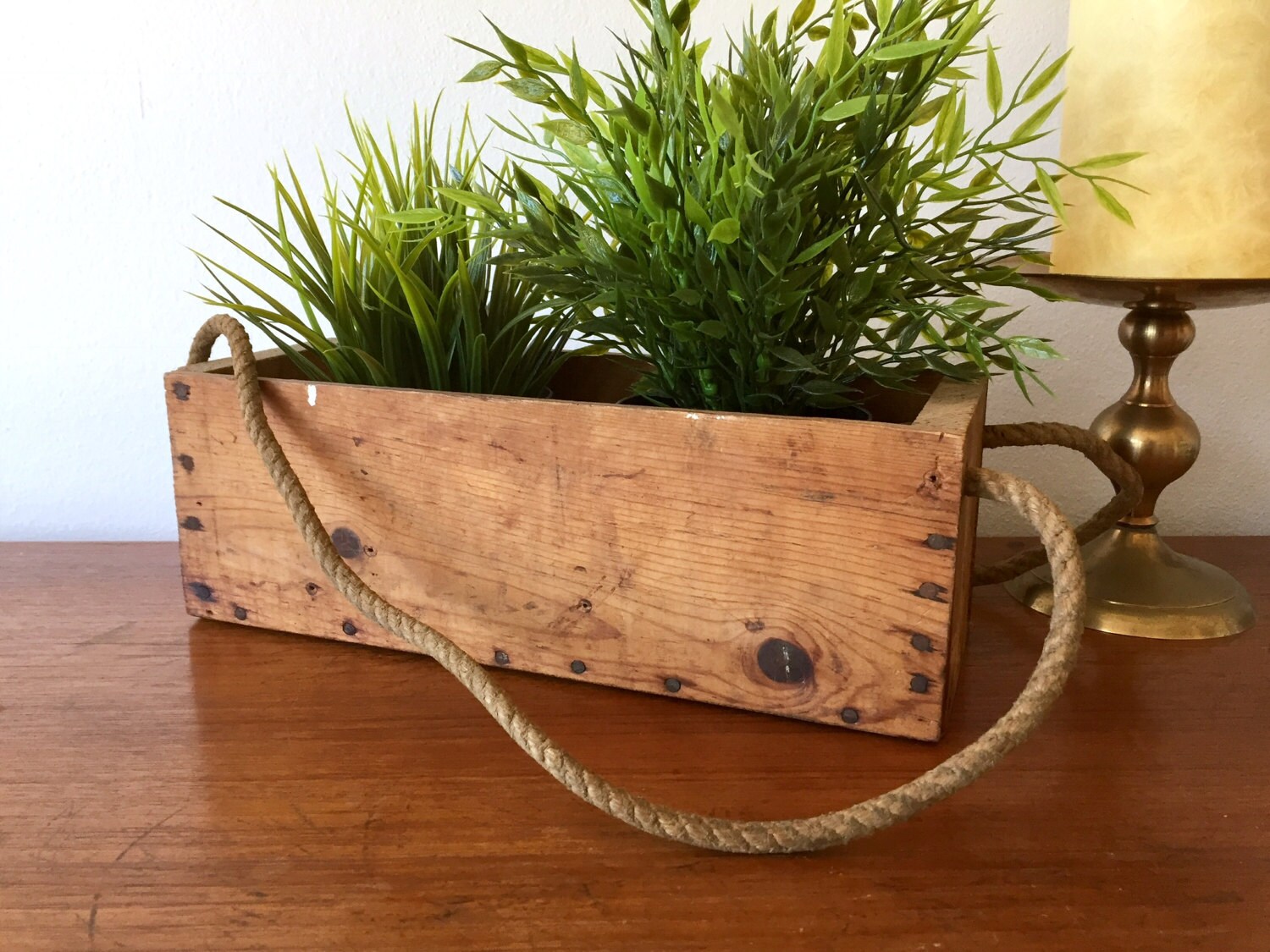 Primitive Wood Box Rope Handles Rustic Solid Wood Planter Etsy