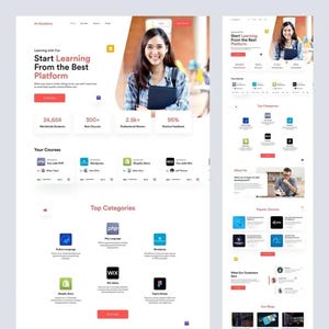 Op de afbeelding: Website-ontwerp voor een online leerplatform. Het ontwerp toont een lachende vrouw met een tablet, met de tekst "Start Learning From the Best Platform". De site toont cursussen, categorieën en feedback van studenten.