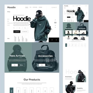 Op de afbeelding: Website-ontwerp met hoodies, accessoires en nieuwe items. De hoofdafbeelding toont een persoon in een groene hoodie. De website bevat het woord "Hoodie" in grote, vette letters, evenals de woorden "Shop", "Info", "Men" en "Women".