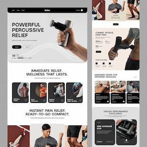 Puede incluir: Diseño web que muestra una pistola de masaje plateada y negra. El texto destaca 'Alivio Percusivo Potente' y 'Alivio Instantáneo del Dolor'. Secciones adicionales detallan beneficios como alivio del dolor y reducción del estrés, con una opción de 'Mini Pistola de Masaje'.