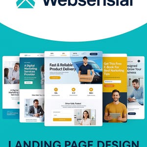 Può includere: L'immagine mostra un concept di design di un sito web con il logo "Websensial" in alto. Include diversi mockup di siti web con testo come "Fast & Reliable Product Delivery" e "Get This Free E-Book For Best Narketing Tips". Il testo in basso recita "LANDING PAGE DESIGN".