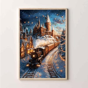 May include: A black steam engine train pulls into a snowy station in front of a large, brown castle with a pointed tower. The castle is decorated with twinkling lights and snow-covered rooftops.