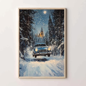 May include: A blue car drives through a snowy forest towards a castle in the distance. The car's headlights are on, and the snow is falling around it. The castle is lit up with warm yellow lights.