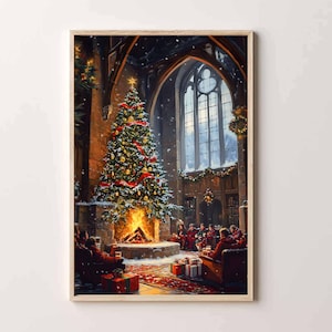 May include: A framed print showing a Christmas scene. A decorated tree with red ribbon and gold baubles stands before a fireplace. People in red robes sit in front of the fire, with gifts nearby. A large arched window is visible.