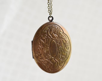 Vintage Locket Necklace-Floral Motif-Large Oval-Hand Patinated