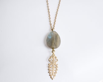 Labradorite and Filigree Pendant Necklace-Faceted with Blue Flash-Vintage Filigree Drop