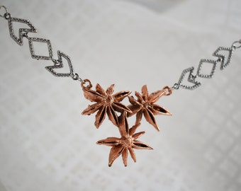 Star Anise Statement Necklace with Vintage Rhodium Plated Silver Geo Accents-Real Anise Pods