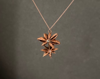 Star Anise Pendant-Copper Electroplated-Swarovski Rhinestones-Rose Gold Chain