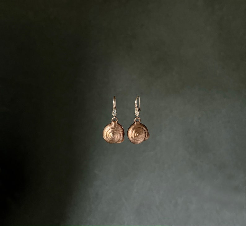 Electroplated-Real Snail Shell Dangle Earrings-Encapsulated Natural-Rhinestone Earwire-Rose Gold Tone Snail-Cornu aspersum image 2