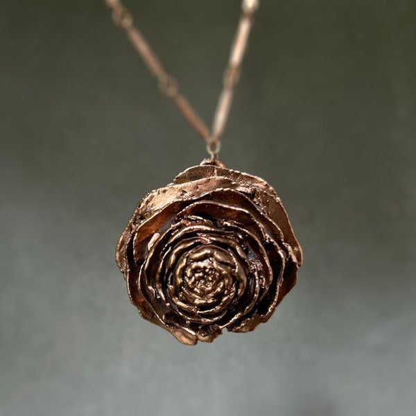 Rose Necklace-Copper Electroplated Deodar Cedar Cone-Encapsulated Natural-Rose Gold Tone-Cedrus deodara