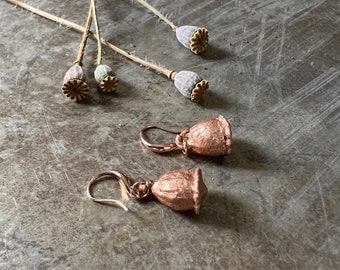 Poppy Pod-Dangle Earrings-Electroplated in Copper-Real Poppy Pods Encased-Rose Gold Tone