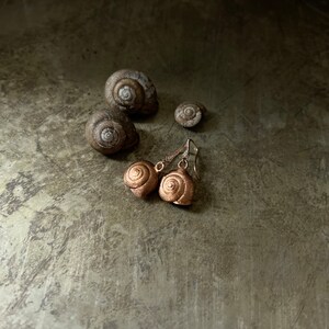 Electroplated-Real Snail Shell Dangle Earrings-Encapsulated Natural-Rhinestone Earwire-Rose Gold Tone Snail-Cornu aspersum image 5