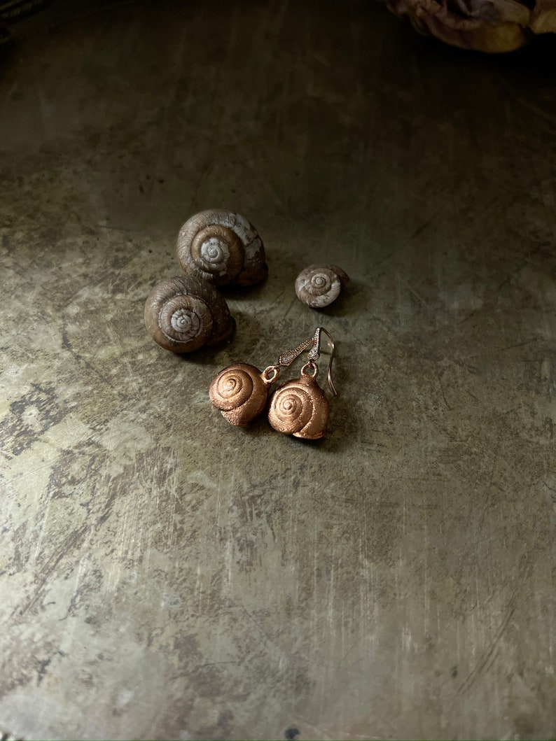 Electroplated-Real Snail Shell Dangle Earrings-Encapsulated Natural-Rhinestone Earwire-Rose Gold Tone Snail-Cornu aspersum image 5