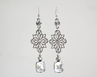 Glass Rhinestone and Silver Filigree Dangle Earrings