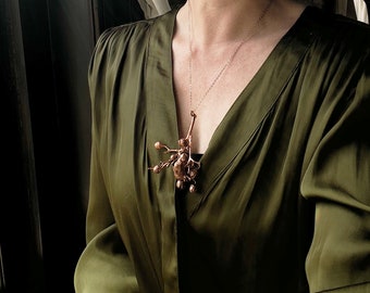 Real Cicada with Crepe Myrtle Pendant Necklace-Statement Necklace-Rose Gold/Copper Tone