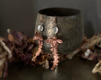 Real Hydrangea and Fern Dangle Earrings with Vintage Glass-Copper Encapsulated Natural-Handmade-Hydrangea macrophylla and Pteridophyta-OOAK