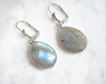 Faceted Labradorite Earrings-Stormy Grey with Teal Flash