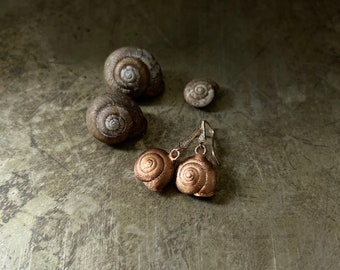 Electroplated Snail Shell Dangle Earrings-Encapsulated Natural-Rhinestone Earwire-Rose Gold Tone Snail