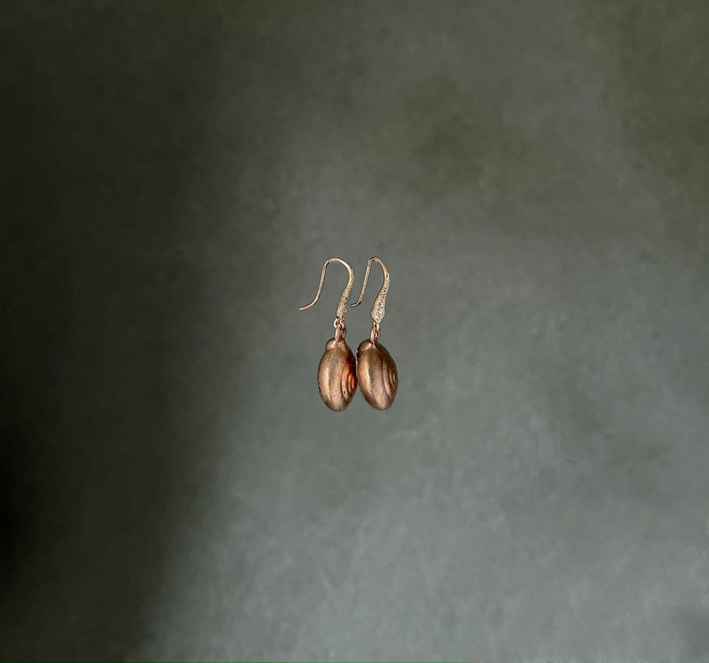 Electroplated-Real Snail Shell Dangle Earrings-Encapsulated Natural-Rhinestone Earwire-Rose Gold Tone Snail-Cornu aspersum image 3