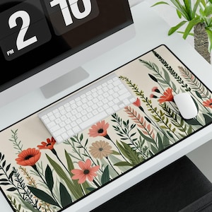 Cottagecore Desk Mat, Floral XL Mousepad, Deskmat Aesthetic, Cute Tan Plant Keyboard Mat, Watercolor Flowers, Office Decor Top Sellers