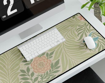 William Morris Sage Green Floral Pattern Desk Mat - Aesthetic Office Decor, Modern Desk Accessory, Large Mouse Pad, Home Office Essentials